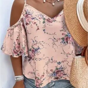 Cold shoulder sexy v neck top 2X pink floral boho western